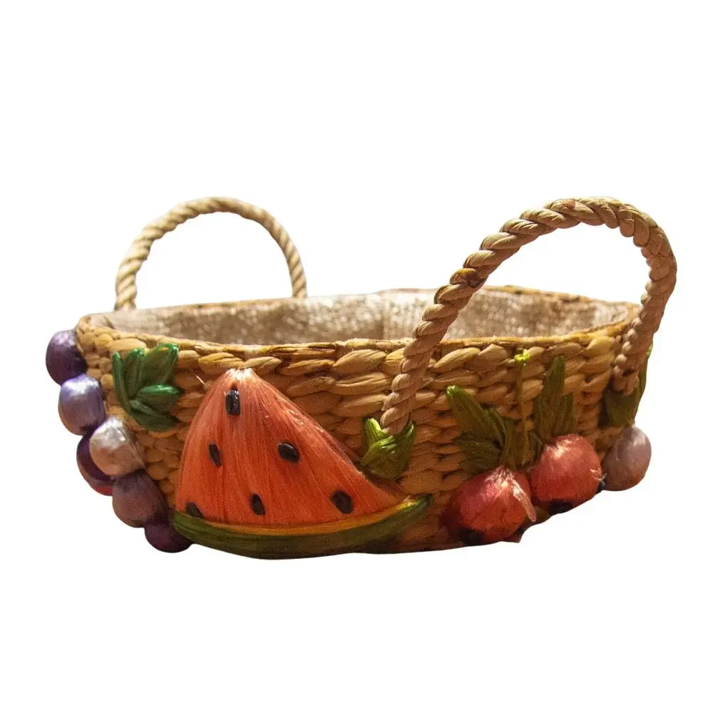 Boho Vintage 1970s Handwoven Raffia Basket 3D Fruit Appliqué Handles